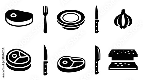 collection of black silhouette kitchen utensils and food icons with steak knife fork garlic and plates in simple flat style