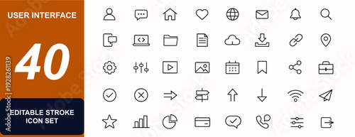 User Interface ui, ux web icons in line style. Profile symbol, chat box, navigation button, social media, cloud app, file document, search icon, phone message, web element. Vector illustration.