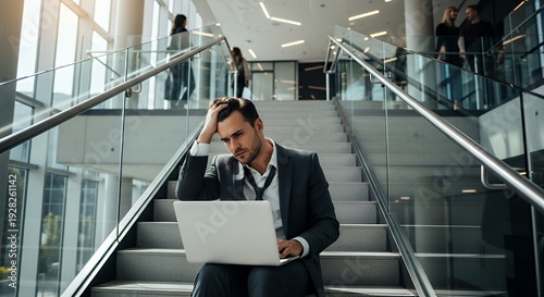 Professional man sitting on stairwell inside office building laptop on knees contemplative yet stressed mood
