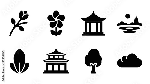 collection of black silhouette nature symbols hand drawn style with flowers trees clouds and asian pagodas