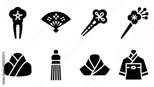 set of traditional Japanese cultural icons in black silhouette style featuring kimono hairpins fans and tassels