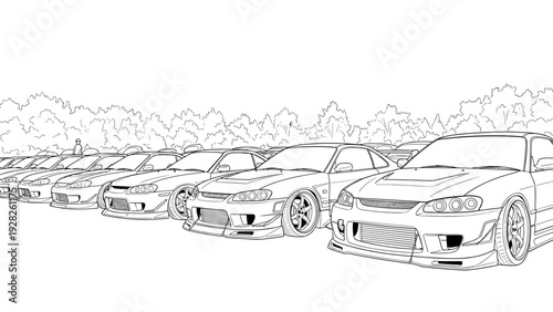 line art of a row of modified sports cars in a car meet hand drawn illustration