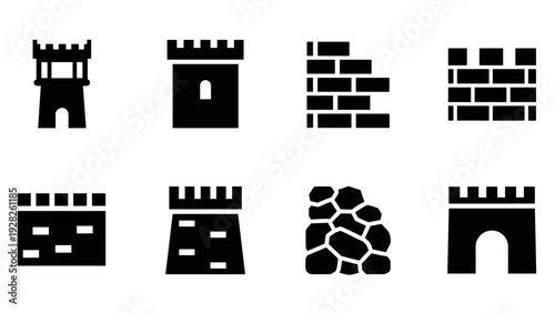 castle wall and tower icon set black silhouette flat design medieval fortress elements