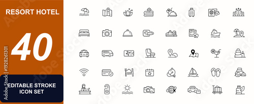 Resort Hotel web icons in line style. Travel essentials, beach map, spa treatment, room service, tourism bag, passport stamp, hotel bed, camera, reception. Editable stroke. Vector illustration.