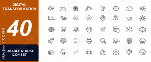 Digital Transformation web icons in line style. Automation, software, network, smart machine, innovation, online integration, Ai, future concept, cloud, technology, cyberspace. Vector illustration.