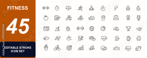 Fitness web icons in line style. Workout, nutrition, dumbbell, energy, lifestyle, healthy food, stopwatch, yoga, training, muscle, gym, body, sport, heartbeat, set. Editable stroke. Vector.