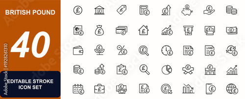 British Pound Sterling web icon set. Banking, price tag, budget planning, profit, piggy bank, loan, coins, financial report, ATM, currency, investment, shop, income, tax. Vector illustration.