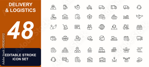 Delivery and logistics web icons in line style. Tracking, fast service, support, courier, merchandise, van, container, distribution, order, airplane, shipping, freight. Vector illustration.