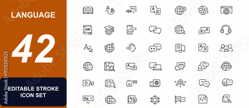 Language web icon set in line style. Dictionary, speaking skill, translate app, textbook, international chat, online communication, speech bubble, interpreter, global service. Vector illustration.