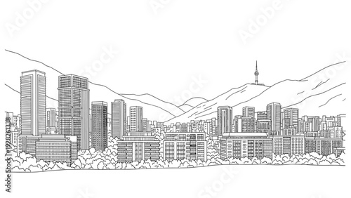 detailed hand drawn city skyline with modern high rise buildings and mountainous background line art illustration