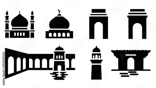 set of black silhouette landmarks and monuments icons collection in simple flat style for design and branding