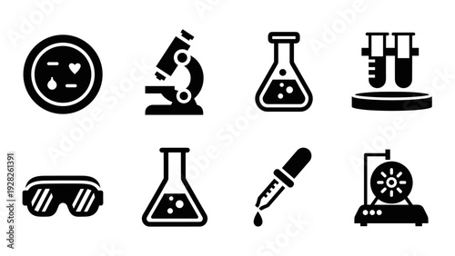 set of black science and laboratory equipment icons in solid style for research and experiment
