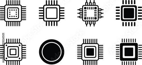 Microchip icons, processor designs, electronic circuit symbols, computer hardware illustration, semiconductor patterns, chip layouts, technology components, digital electronics vector set