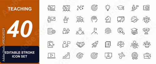 Teaching web icons in line style. Lecture, classroom, strategy, training, inspire, student, development, skills, leadership, cognition, seminar, team, icon, goal. Editable stroke. Vector illustration.
