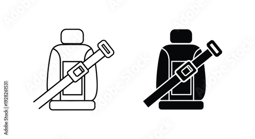 Car seat safety depiction with seatbelt fastened black and white silhouette