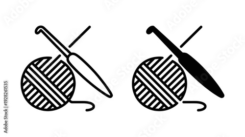 Simple black and white icons show a ball of yarn with a crochet hook for crafting.