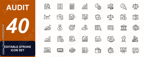 Audit web icon in line style. Finance report, check list, calculator, business growth, document, analysis, earnings, inspection, currency, balance. Editable stroke. Vector illustration.
