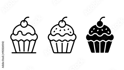 Three delightful cupcake icons with a cherry topping, presented in line and solid styles.