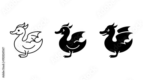 Three cute, stylized icons depict an imaginative duck-like dragon creature with wings and horns.