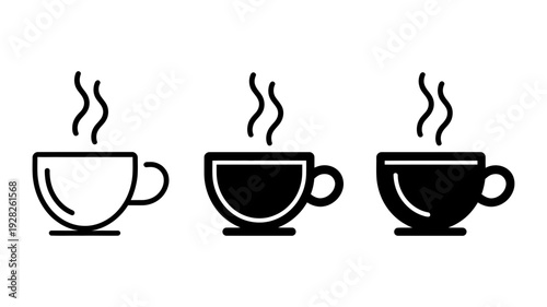 Three minimalist icons show a steaming cup of hot beverage, perfect for a cozy morning.