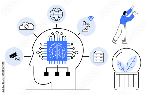 Artificial Intelligence concept. Artificial Intelligence ed by a brain with tech connections, cloud computing, robotics, and surveillance. Artificial Intelligence in automation, technology
