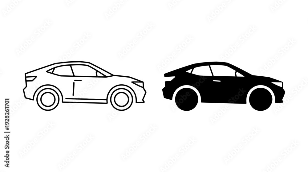 Fototapeta premium A contemporary hatchback car depicted in both outline and solid black icon styles, ideal for vehicle concepts.