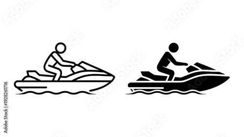 A pair of minimalist icons representing a person riding a jet ski on water, in outline and solid styles.