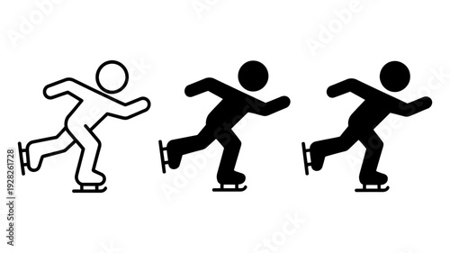Three distinct icons illustrating a person ice skating, including an outline and two solid black figures.