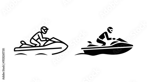 A set of two clear icons showing a person riding a jet ski from a side perspective.