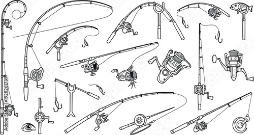 Fishing rods and reels in various positions and angles