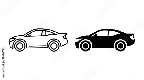 A sleek and modern sedan car, presented as both an outline and a solid black icon