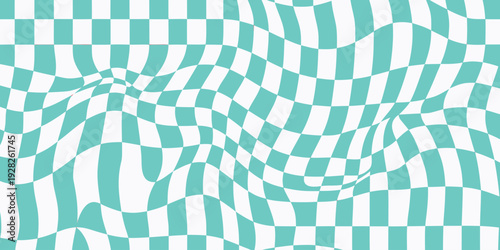 Distorted teal and white checkerboard pattern with wavy lines, abstract optical illusion background, modern and energetic design.