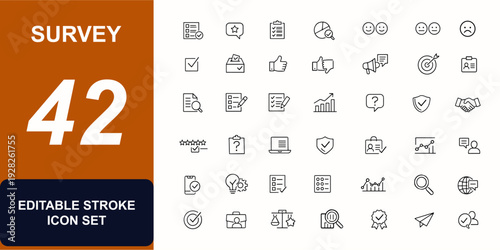 Survey web icons in line style. Feedback, checklist, report, emoticon, vote, communication, tick, exam, client, quiz, verification, rating, business, review, opinion, icon set. Vector illustration.