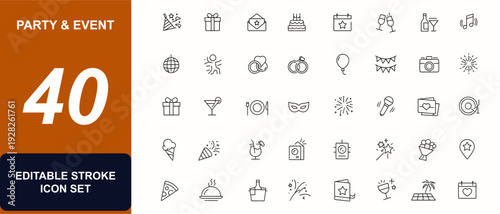 Party & Event web icons in line style. Celebration, surprise, dancing, invitation, cake, wedding, garland, joy, music, fireworks, holiday, birthday, drink, balloon, symbol, entertainment. Vector.