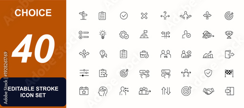 Choice web icons in line style. Decision, option selection, checkmark symbol, problem solving, alternative paths, approval, business choice set. Editable stroke. Vector illustration.