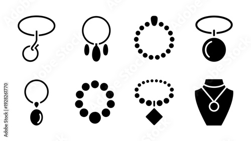 A diverse collection of eight black and white icons representing various styles of necklaces.