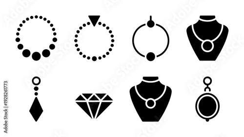 A versatile selection of eight black and white jewelry icons, featuring necklaces, rings, and a diamond.