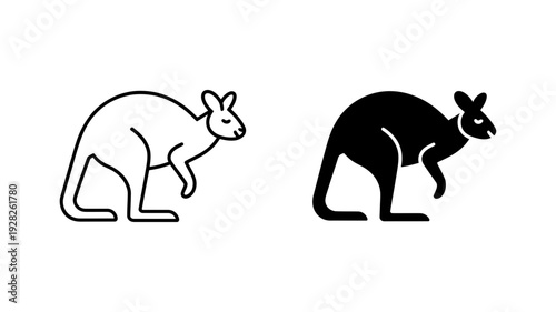 Two minimalist icons showing a kangaroo in profile, available in outline and solid black versions.