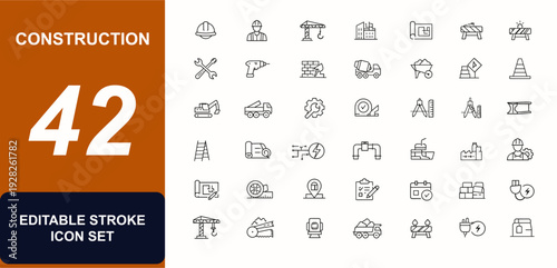 Construction web icons in line style. Engineer tools, building site, crane, road works, safety helmet, repair equipment, industrial business set. Editable stroke. Vector illustration.