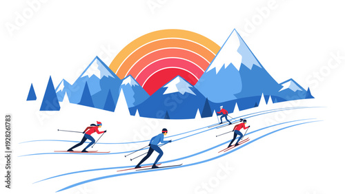 four people cross country skiing in mountains with sunset background flat vector illustration