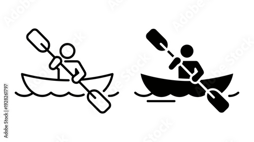 A clear set of two icons depicting a person kayaking with a paddle, in outline and solid black.
