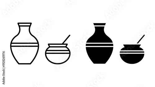 A pair of traditional clay pots, one tall vase and one short vessel with a convenient stirring stick.