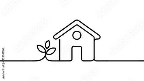 minimal line art house with small plant isolated on white background, eco friendly home and sustainable living concept illustration