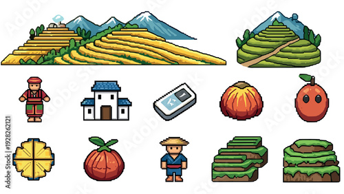 pixel art set of farming landscapes crops farmers and rural elements in colorful retro video game style