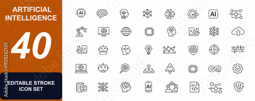 Artificial Intelligence web icons in line style. Machine learning, neural brain, robot bot, digital AI, automation, smart system set. Editable stroke. Vector illustration.