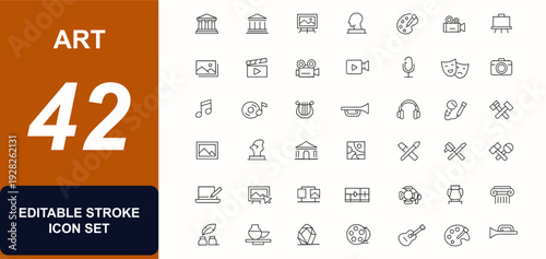 Art web icons in line style. Museums, architecture, sculpture, artist tools, gallery, statue, image, music, creative culture. Editable stroke. Vector illustration.
