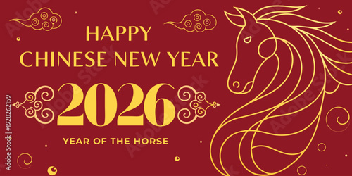 Happy chinese new year 2026 year of horse greeting banner with linear golden animal head and festive decorative elements on red background for lunar holiday celebration and event