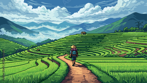 hiker walking on dirt path through green terraced rice fields with distant mountains digital vector illustration