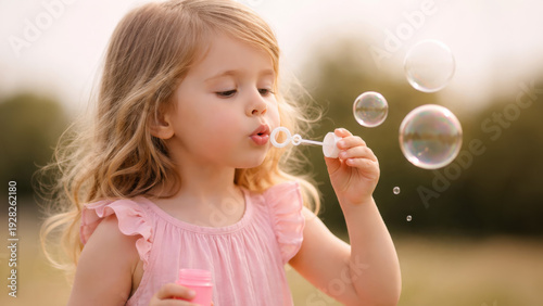 Little girl blowing soap bubbles outdoors in warm sunset light enjoying carefree childhood moment