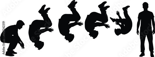 Man performing backflip silhouette set with parkour jump sequence and acrobatics transition poses vector icons isolated on white background
